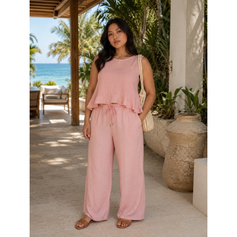 Women's Blush Pink Linen Look 2Piece Lounge Set XL Sleeveless Top Wide Leg Pants